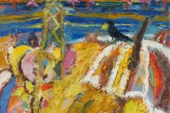 Pajaro-con-molinos y linea de alta tensión, 55 x 46 cm, oil on canvas, 2024
