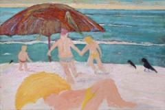 Mar con paraguas y tres pajaros, 90 x 65 cm, oil on canvas, 2006