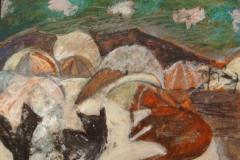 Gatos en la playa, 50 x 40 cm, técnica mixta sobre madera, 2000