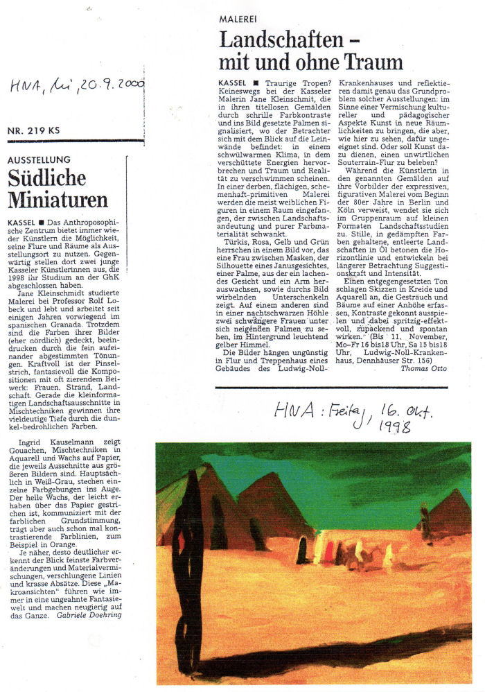 A press cutting about the artist Jane Kleinschmit