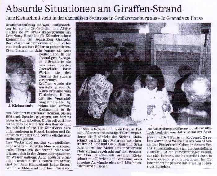 A press cutting about the artist Jane Kleinschmit