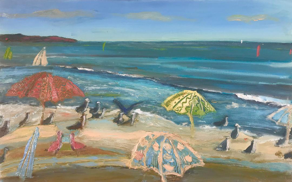 Conferencia en la playa, 80 x 50 cm, oil on canvas, 2021
